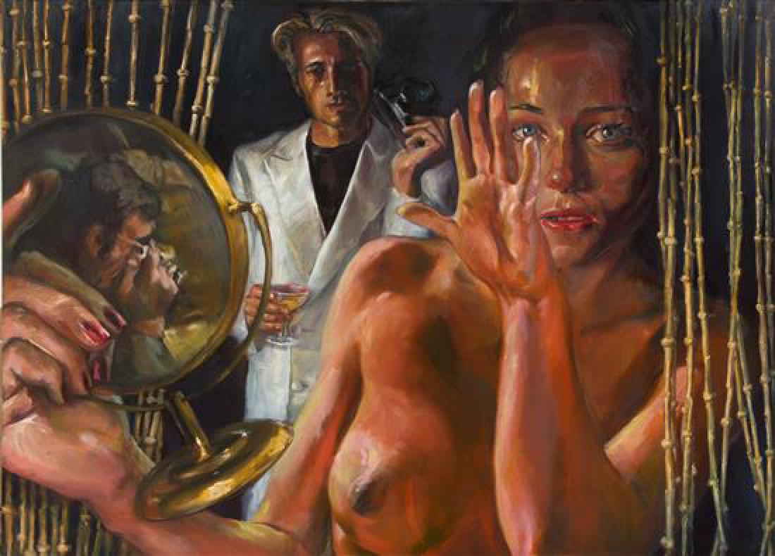 * Don Doe, (American, b. 1963), Suzannah and the: * Don Doe (American, b. 1963) Suzannah and the Elders, 2003 oil on canvas signed Don Doe, titled and dated (verso) 52 x 71 inches. Estimate $1,000-2,000