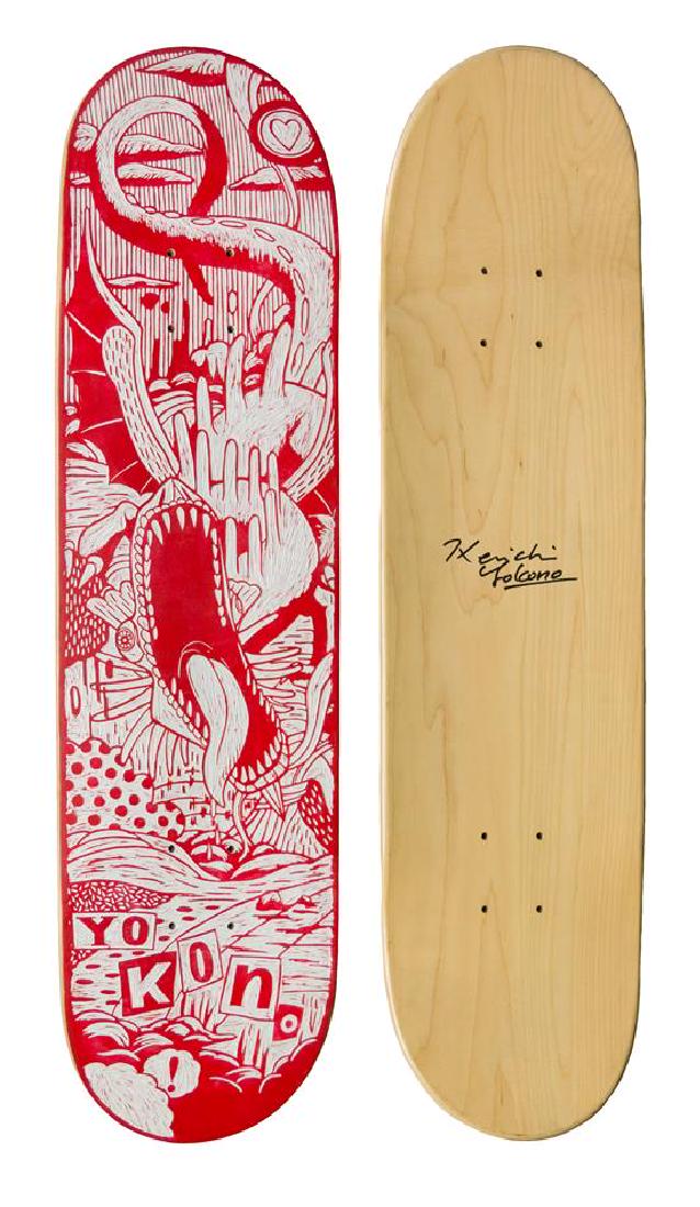 * Kenichi Yokono, (Japanese, b. 1975), Untitled, 2007: * Kenichi Yokono (Japanese, b. 1975) Untitled, 2007 paint on carved skate deck signed Kenichi Yokono (verso) 31 x 9 inches. Estimate $1,000-2,000 Provenane: Mark Moore Fine Art, Orange Park