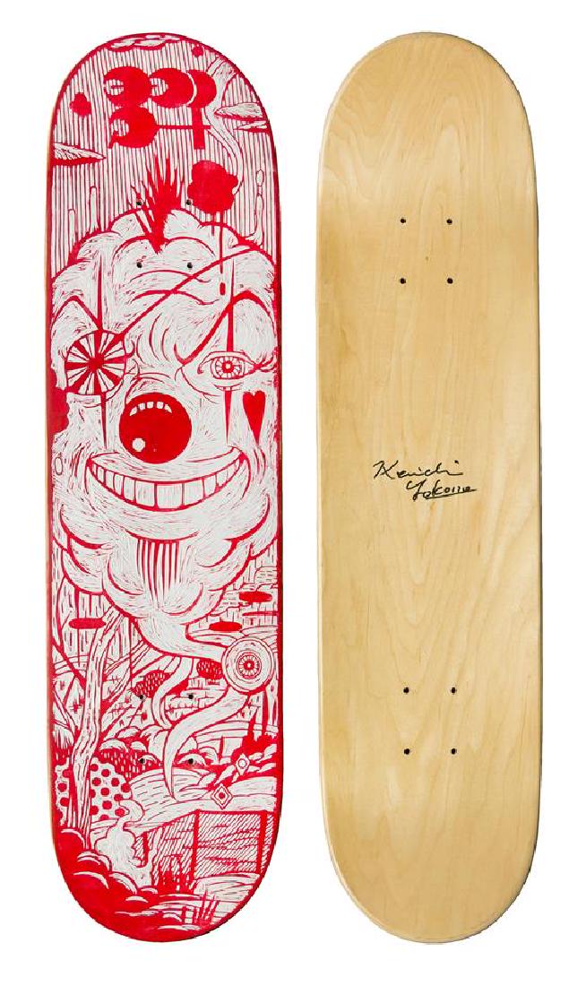 * Kenichi Yokono, (Japanese, b. 1975), Untitled, 2007: * Kenichi Yokono (Japanese, b. 1975) Untitled, 2007 paint on carved skate deck signed Kenichi Yokono (verso) 31 x 9 inches. Estimate $1,000-2,000 Provenane: Mark Moore Fine Art, Orange Park