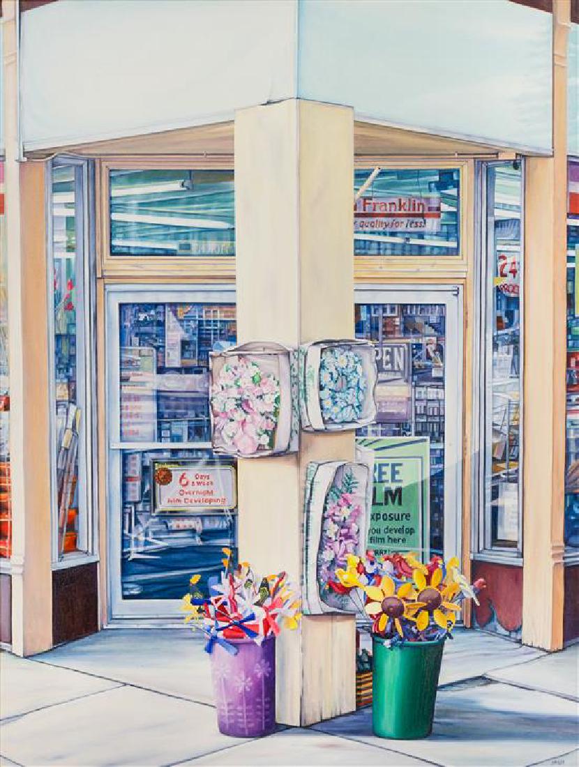 * Doug Hatch, (American, b. 1954), Small Town Bird: * Doug Hatch (American, b. 1954) Small Town Bird Watching with Daisies, 1985 oil on canvas signed Doug Hatch, titled and dated (verso) 48 x 36 inches. Estimate $100-200