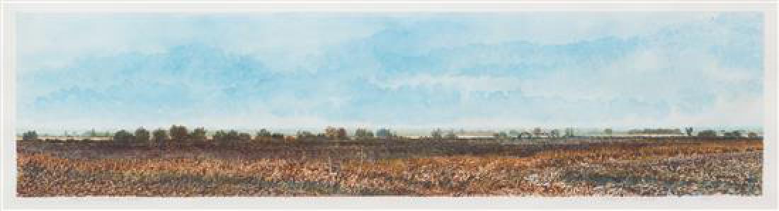 * Harold Gregor, (American, b. 1929), Fall: Flatlands: * Harold Gregor (American, b. 1929) Fall: Flatlands XXVII, 1985 watercolor signed Harold Gregor (lower right) and titled (lower left) 6 x 24 inches. Estimate $1,000-2,000 Provenance: Richard