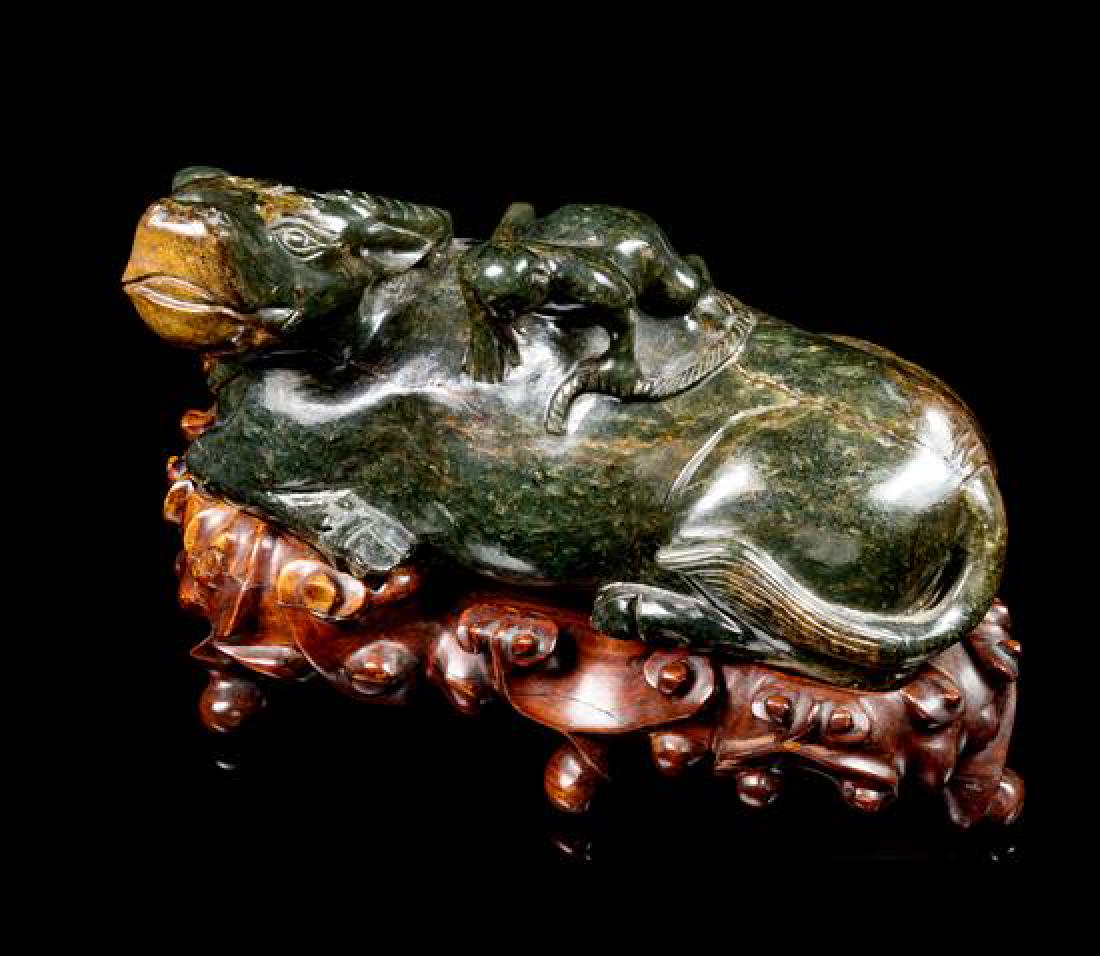 * A Spinach Jade Figural Group of a Ox and a Frog (1 of 1)
