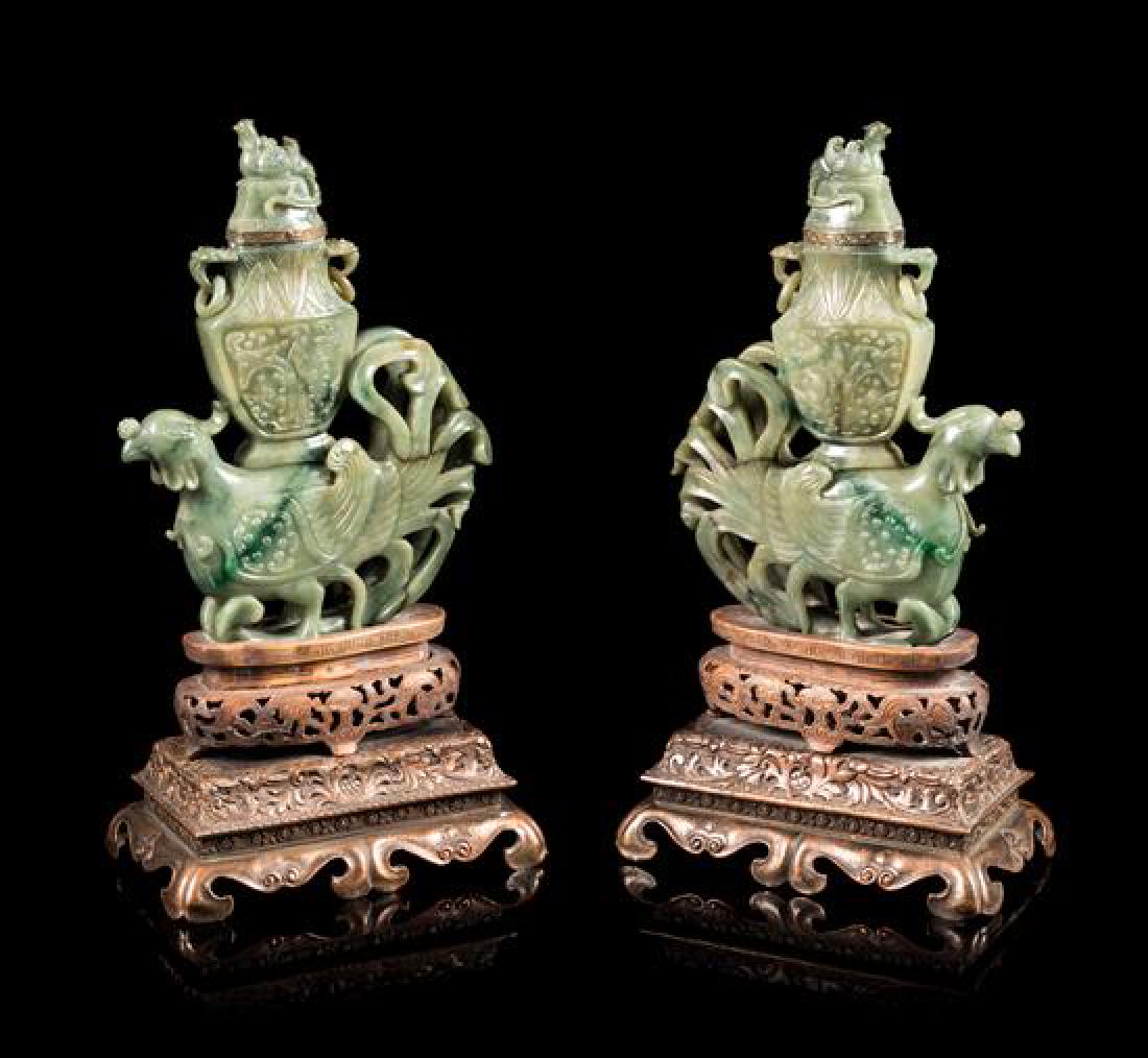 A Pair of Carved Celadon Jade Animal-Form Covered (1 of 1)