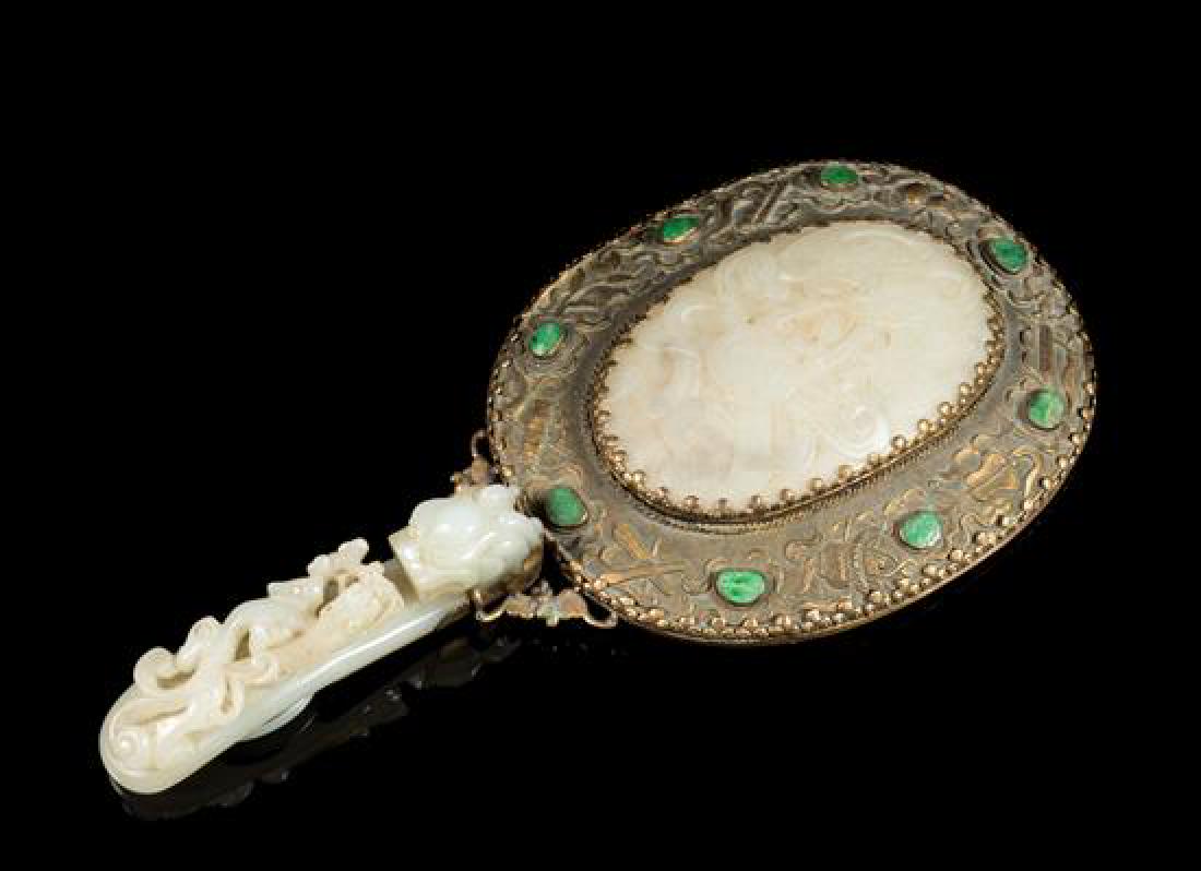 A Jade Inset Silver Hand Mirror Length 10 1/4 inches. (1 of 2)
