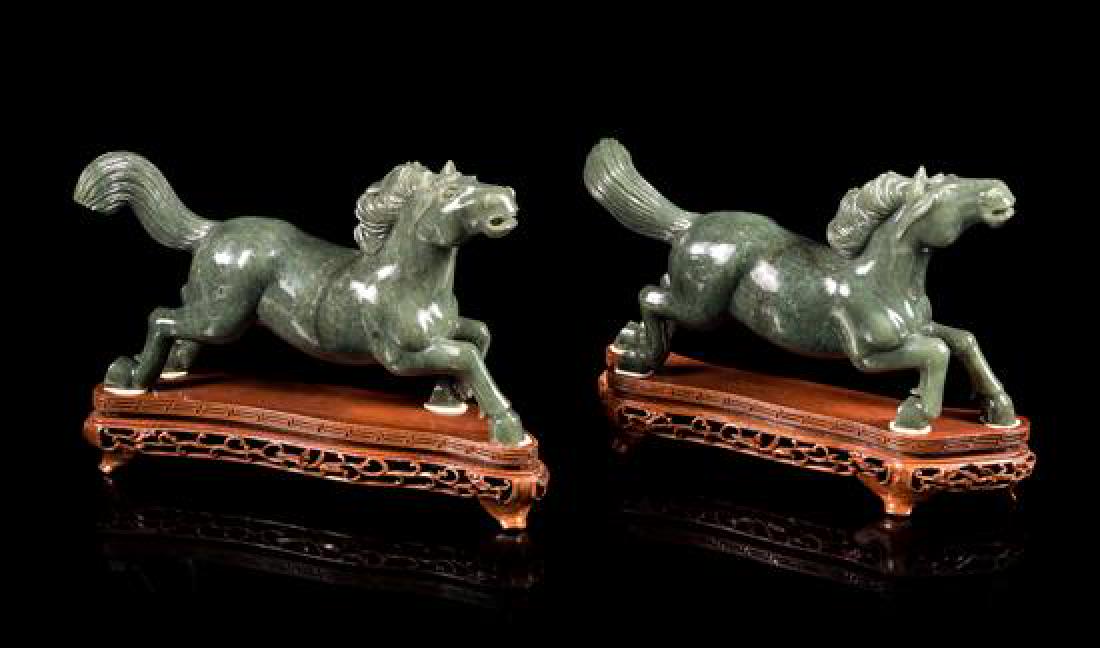 * A Pair of Spinach Jade Figures of Horses Length of (1 of 1)