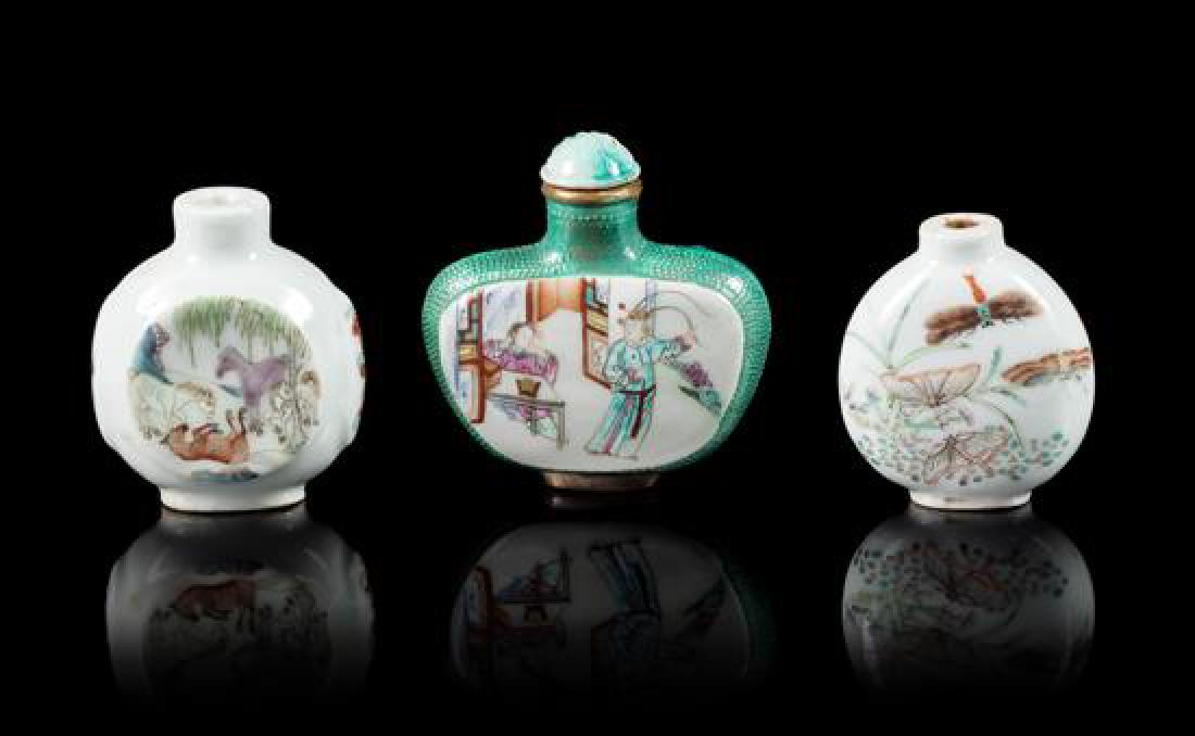 Three Famille Rose Porcelain Snuff Bottles Height of (1 of 4)