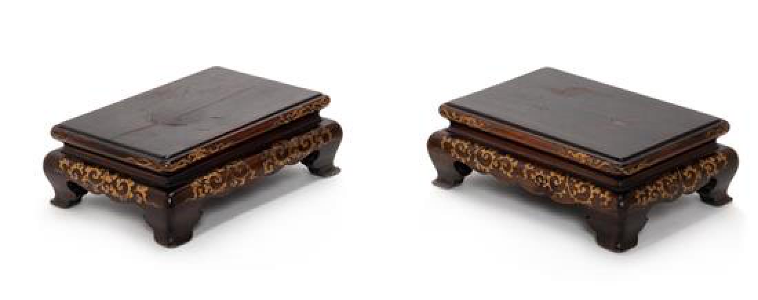 A Pair of Japanese Miyao Wood Stands Length 6 1/4: A Pair of Japanese Miyao Wood Stands meiji period (1868-1912) each of square form, decorated with stylized dragons and foliate scrolls. Length 6 1/4 inches. Estimate $300-500 Length 15.9cm