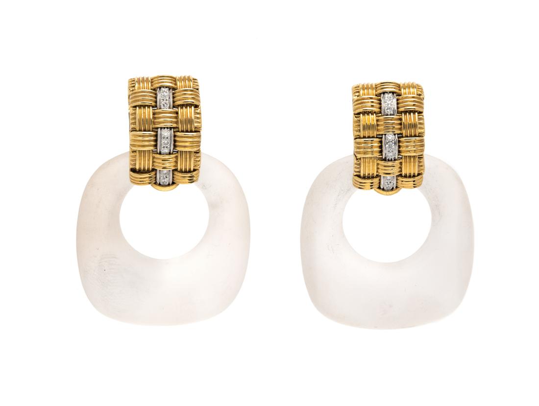 * A Pair of 18 Karat Bicolor Gold and Diamond: * A Pair of 18 Karat Bicolor Gold and Diamond 'Appassionata' Hoop Earclips with Rock Crystal Pendants, Roberto Coin, consisting of a textured woven design containing 18 round brilliant cut diamonds we