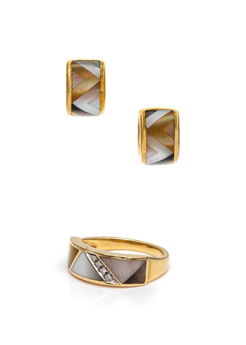 A Collection of 14 Karat Yellow Gold Jewelry, Asch: A Collection of 14 Karat Yellow Gold Jewelry, Asch Grossbardt, consisting of a yellow gold ring containing inlaid mother-of-pearl and four round brilliant cut diamonds weighing approximately 0.04 cara