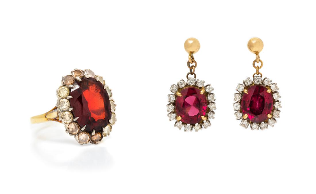 A Collection of Yellow Gold, Garnet and Diamond: A Collection of Yellow Gold, Garnet and Diamond Jewelry, consisting of a silver topped 18 karat gold ring containing one oval mixed cut garnet measuring approximately 13.40 x 10.35 mm and 14 round bri