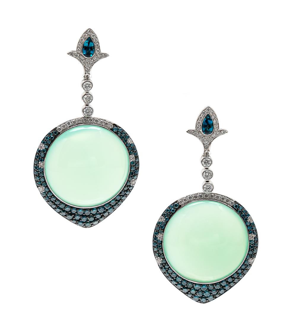 * A Pair of 18 Karat White Gold, Diamond, Chalcedony,: * A Pair of 18 Karat White Gold, Diamond, Chalcedony, Irradiated Colored Diamond and Hardstone Earclips, Verdi, containing two round cabochon cut chalcedony measuring approximately 21.55 mm in diamete