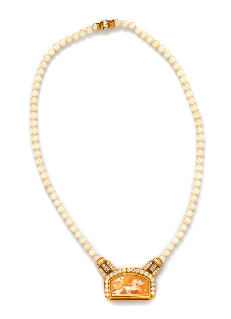 * An 18 Karat Yellow Gold, Shell Cameo, Diamond and: * An 18 Karat Yellow Gold, Shell Cameo, Diamond and Cultured Pearl Necklace, Italian, consisting of a carved shell cameo Victory driving a chariot, 34 round brilliant cut diamonds weighing approximate