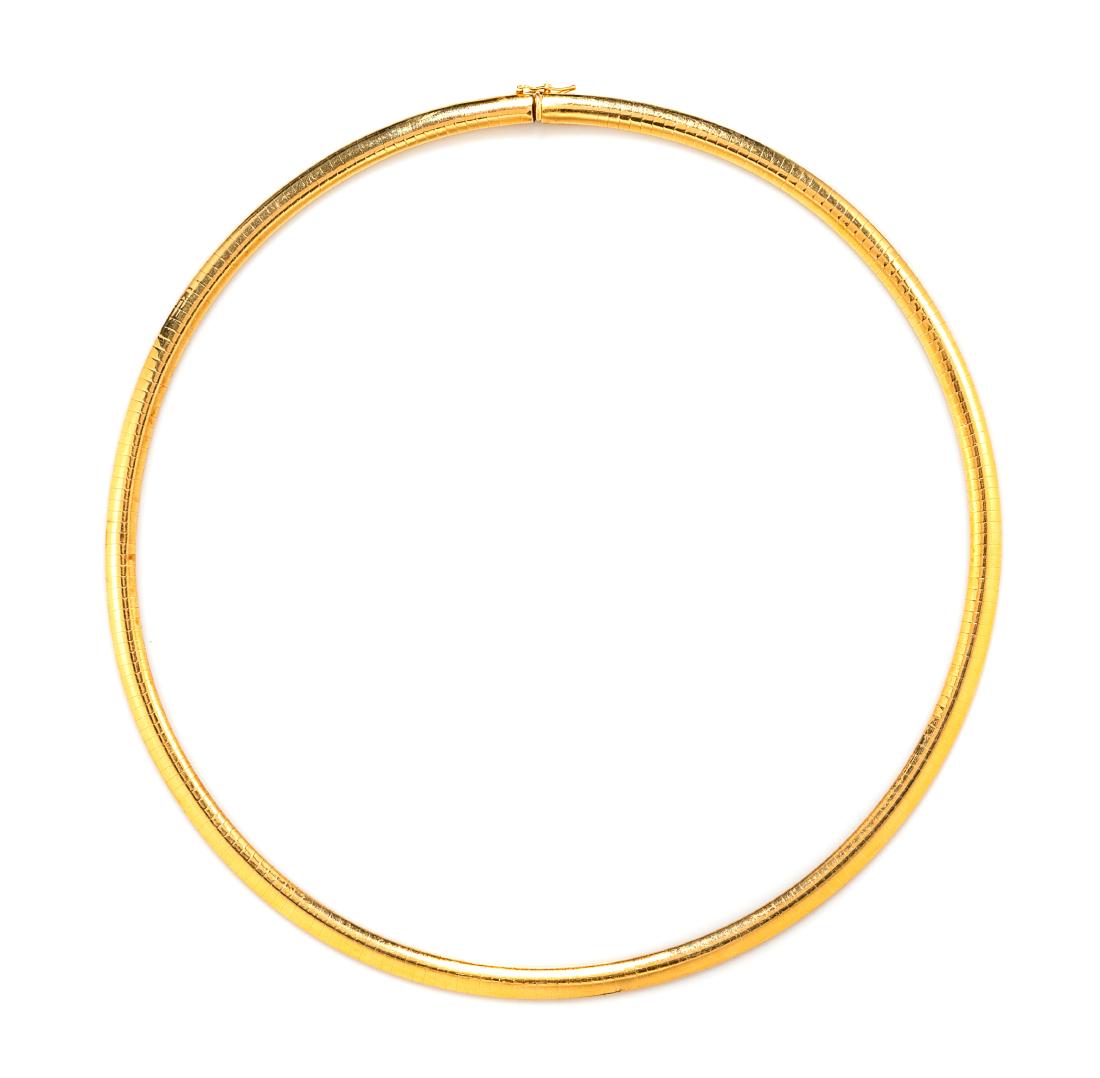 * A 14 Karat Yellow Gold Omega Necklace, 26.40 dwts.: * A 14 Karat Yellow Gold Omega Necklace, consisting of an omega chain necklace measuring approximately 6.10 mm wide. Stamp: 14K (N maker's mark). 26.40 dwts. Estimate $600-800 Property from the Estate