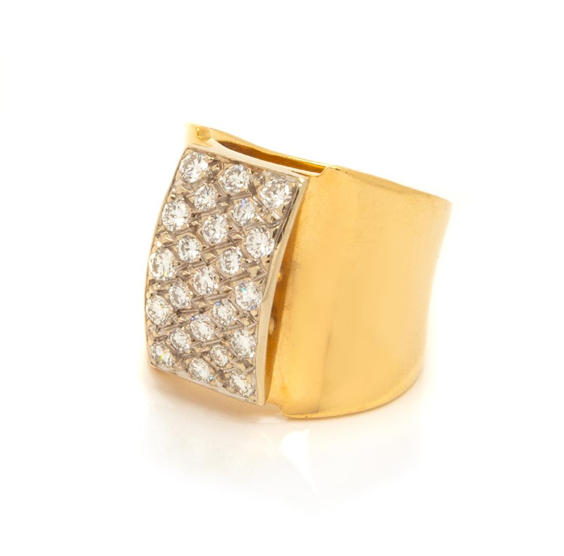* A Yellow Gold and Diamond Ring, 7.40 dwts.: * A Yellow Gold and Diamond Ring, containing 23 round brilliant cut diamonds weighing approximately 0.65 carat total. 7.40 dwts. Estimate $300-500 Property from the Collection of Lisa deRoulet, Mill C