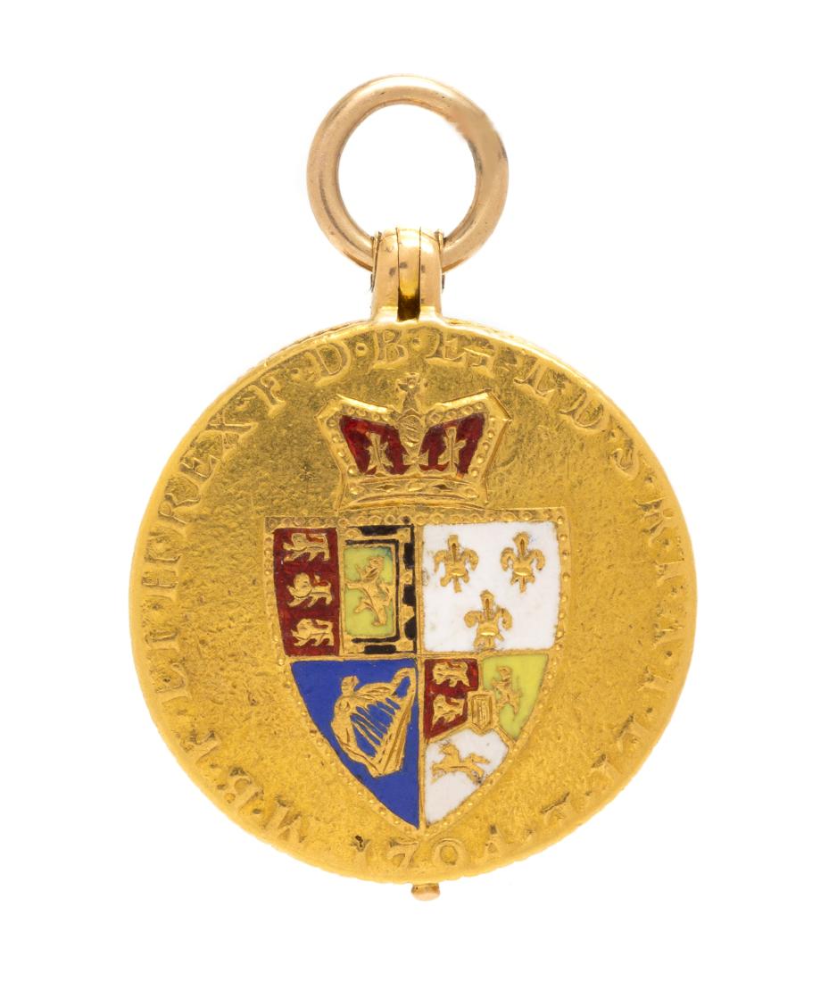 An Antique Yellow Gold, George III Spade Guinea Coin,: An Antique Yellow Gold, George III Spade Guinea Coin, Polychrome Enamel and Sardonyx Intaglio Locket, consisting of a high karat gold George III guinea coin, dated 1794, with the shield side shown and