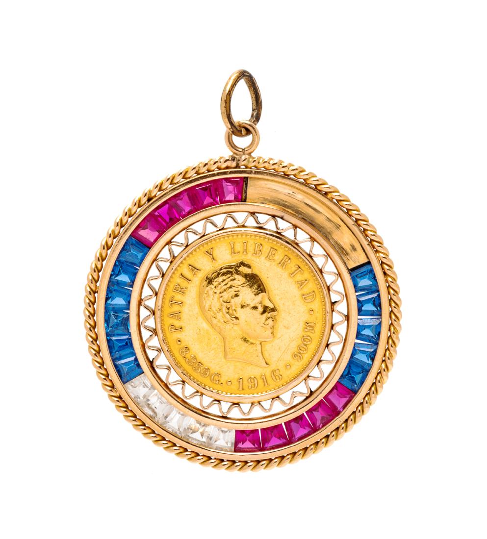 * A Yellow Gold, Cuba Cinco Peso Gold Coin and: * A Yellow Gold, Cuba Cinco Peso Gold Coin and Synthetic Sapphire, Ruby and Stone Pendant, containing a Cuban cinco peso gold coin, dated 1916, within a rope textured bezel containing numerous square 
