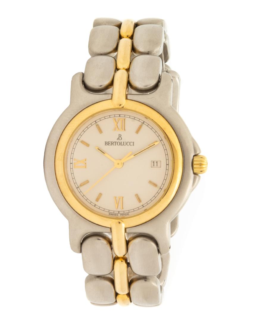 A Stainless Steel and Yellow Gold 'Pulchra' Wristwatch,: A Stainless Steel and Yellow Gold 'Pulchra' Wristwatch, Bertolucci, 31.00 mm case diameter, white dial signed BERTOLUCCI, gold Roman and baton numerals, gold pencil hands with center seconds hand, dat