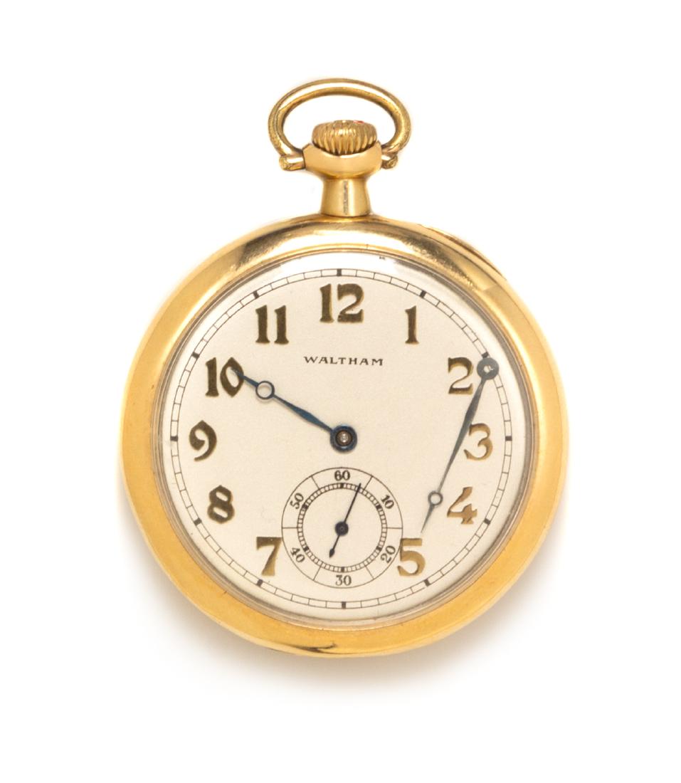 A 14 Karat Yellow Gold Open Face Pocket Watch, Waltham,: A 14 Karat Yellow Gold Open Face Pocket Watch, Waltham, Circa 1914, 46.00 mm case diameter, matte silvered dial signed WALTHAM, applied gilt Arabic numerals, blued steel moon hands, subdial for second