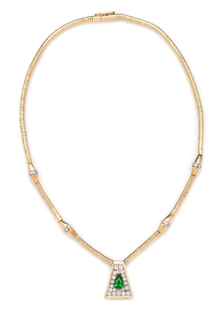 A 14 Karat Yellow Gold, Tsavorite Garnet and Diamond: A 14 Karat Yellow Gold, Tsavorite Garnet and Diamond Necklace, consisting of a pendant containing one pear shape mixed cut tsavorite garnet measuring approximately 7.56 x 5.17 mm and 20 round brillian