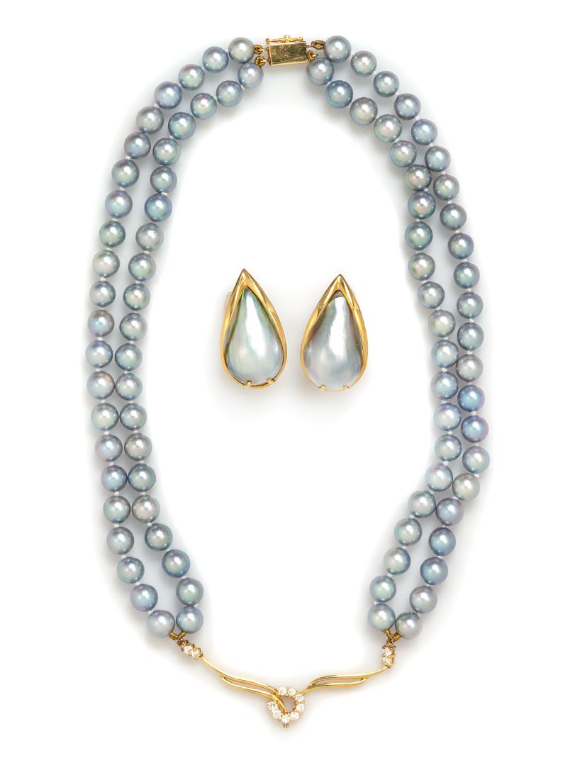 A Collection of Yellow Gold, Cultured Pearl, Mabe Pearl: A Collection of Yellow Gold, Cultured Pearl, Mabe Pearl and Diamond Jewelry, consisting of a double strand choker necklace containing 86 pearls measuring approximately 6.10-6.50 mm in diameter strung 
