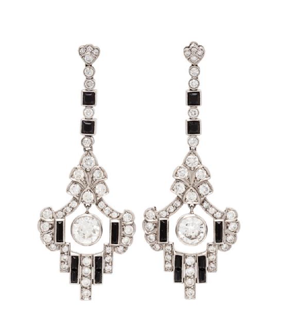 A Pair of Platinum, Diamond and Onyx Pendant Earrings, (1 of 1)