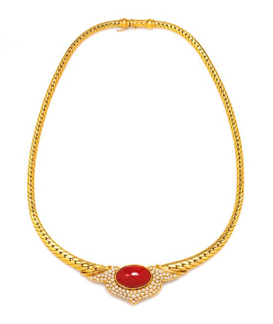 An 18 Karat Yellow Gold, Coral and Diamond Necklace, (1 of 1)