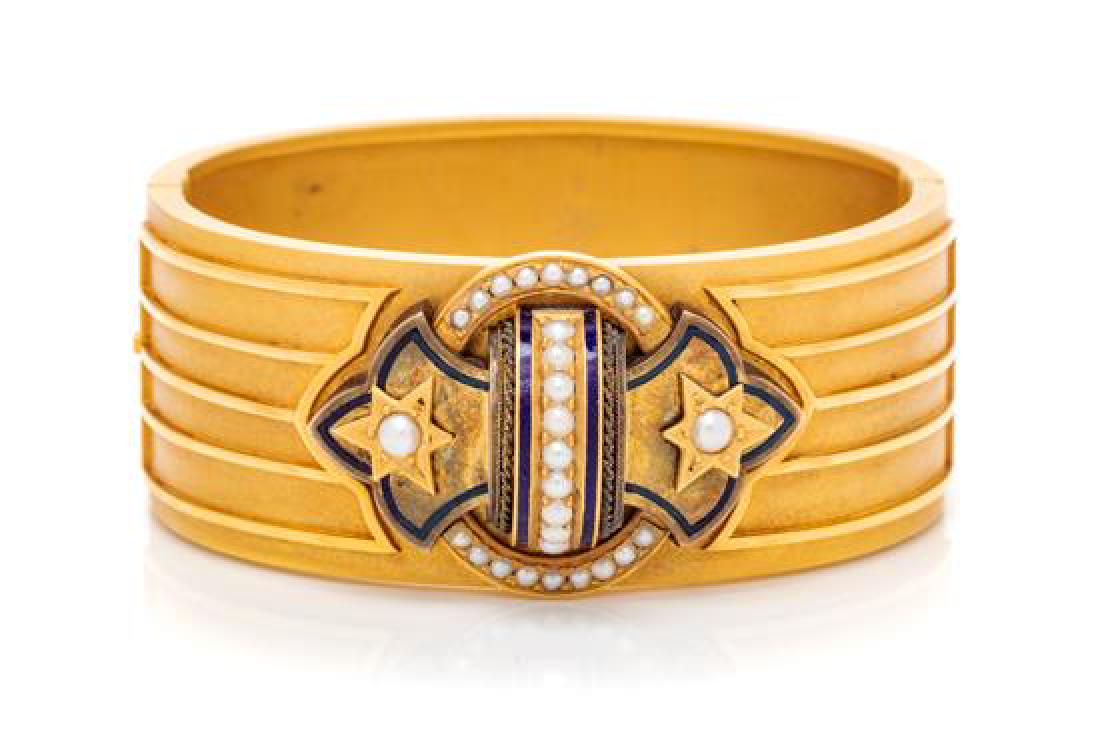 A Yellow Gold, Cultured Pearl and Enamel Bangle (1 of 1)