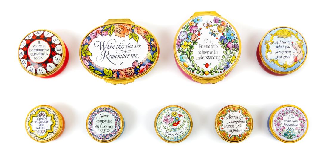 * A Group of Nine Halcyon Days Enameled Porcelain Boxes (1 of 2)