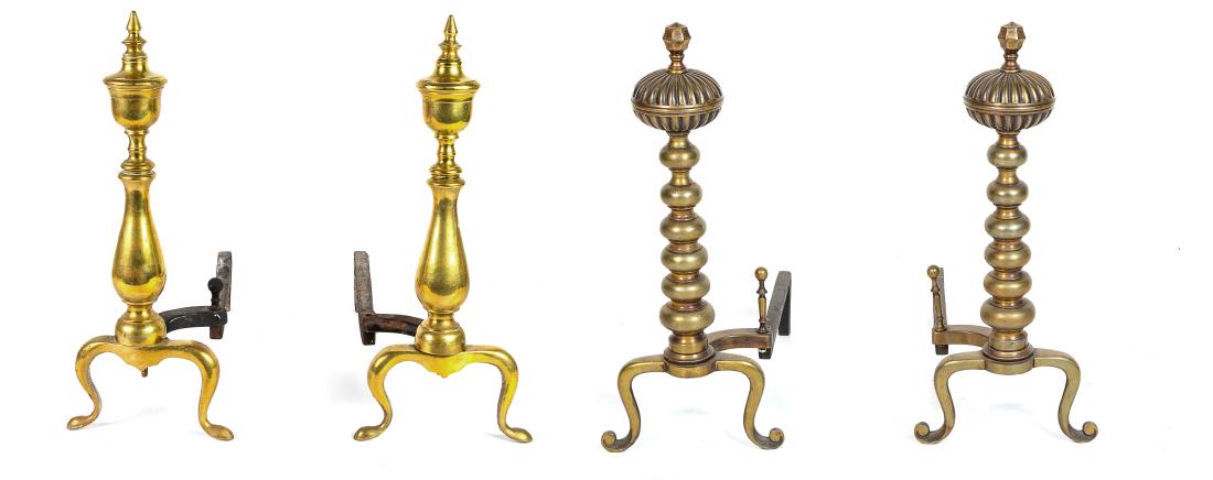 Two Sets of Andirons Height of tallest overall 23 1/4: Two Sets of Andirons Height of tallest overall 23 1/4 inches. Estimate $200-400 Height of smallest pair overall 19 1/2 inches overall. Please request complete condition report.