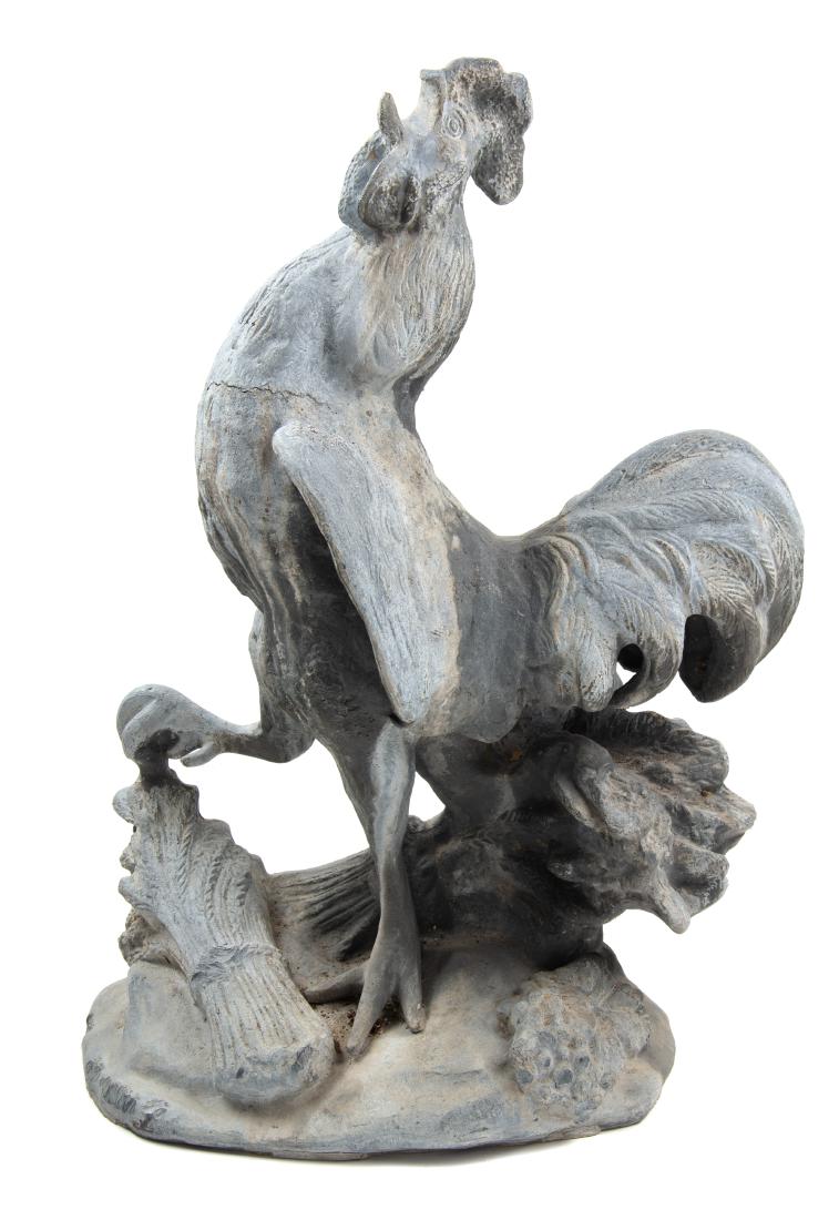 A Cast Lead Model of a Rooster Height 26 1/2 inches.: A Cast Lead Model of a Rooster 20th century raised on a naturalistic base. Height 26 1/2 inches. Estimate $200-400 In decent, stable condition. Appears complete. There is a crack to the lead under its