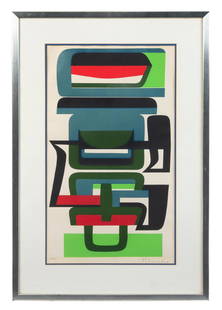 * Jean Dewasne, (French, b. 1921), Abstraction: * Jean Dewasne (French, b. 1921) Abstraction lithograph numbered 150/300 23 1/4 x 13 1/2 inches. Estimate $200-400 Property from The Estate of Robert Geppert, Wilmette, Illinois