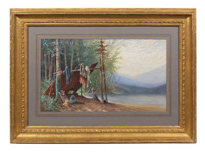 *Francis Hopkinson Smith, (American, 1838-1915), A Camp: *Francis Hopkinson Smith (American, 1838-1915) A Camp in the White Mountains, c. 1877 watercolor and gouache on paper initialed (lower left) 12 x 20 inches. Estimate $500-700 Provenance: Vos