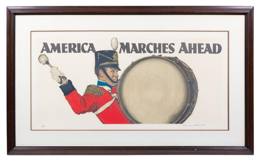 *Norman Rockwell, (American, 1894-1978) America Marches: *Norman Rockwell (American, 1894-1978) America Marches Ahead, 1975 lithograph signed and numbered 123/200 in pencil 14 3/4 x 32 inches. Estimate $500-700 Provenance: Merrill Chase Galleries,