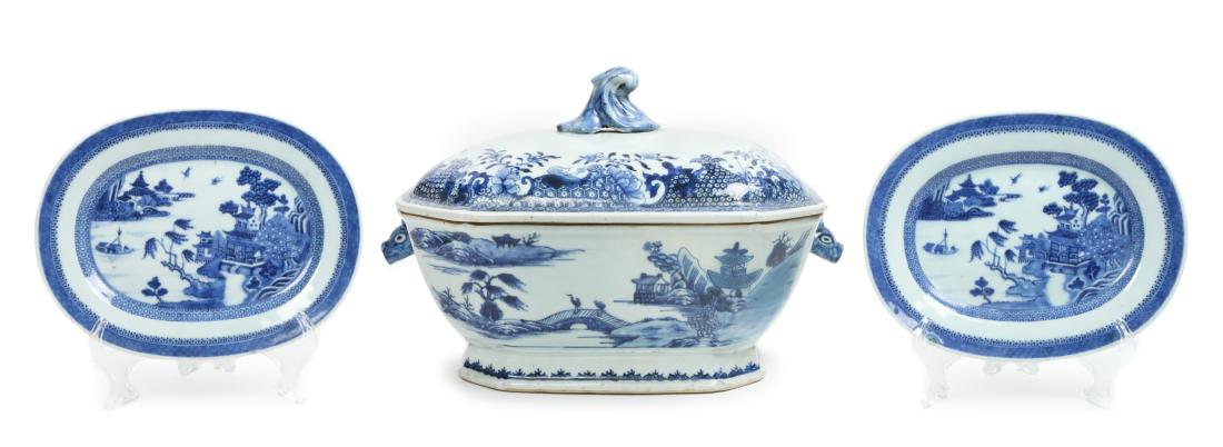 Three Chinese Export Canton Blue and White Porcelain (1 of 1)