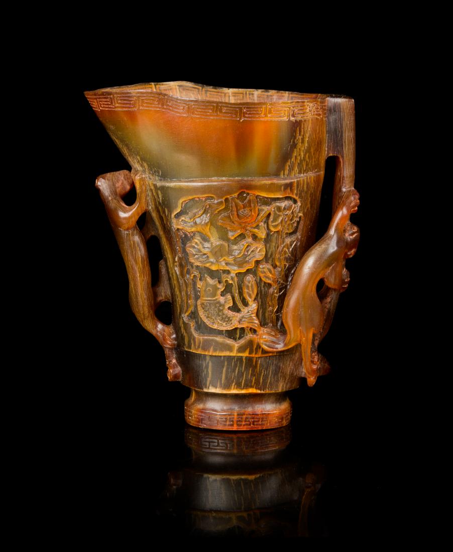 A Carved Buffalo Horn Libation Cup Height 4 1/4 inches. (1 of 1)