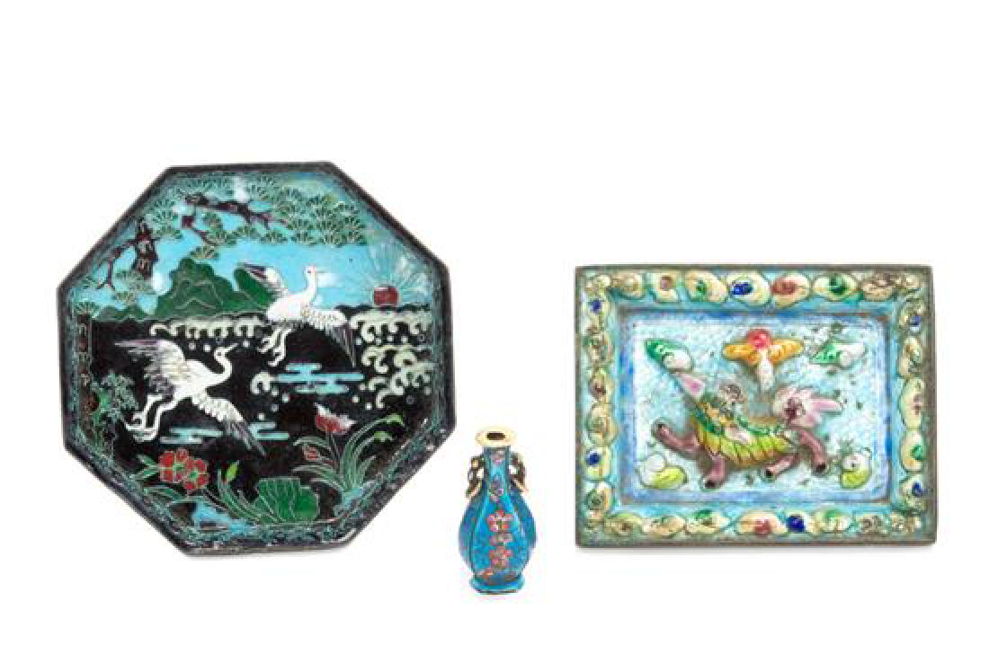 Three Chinese Enamel on Metal Articles Length of (1 of 1)