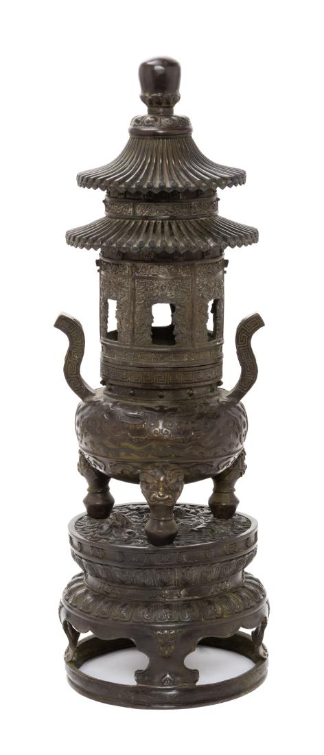 A Chinese Bronze 'Pagoda' Covered Incense Burner Height (1 of 1)