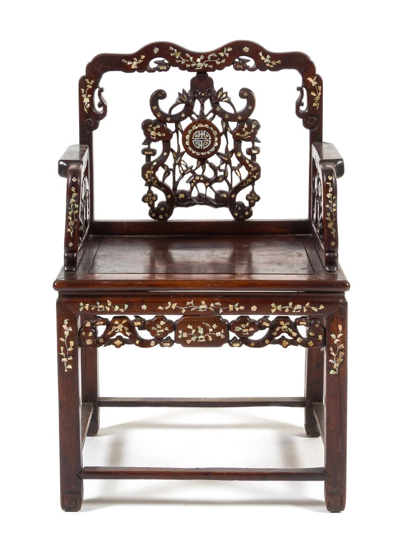 A Chinese Mother-of-Pearl Inlaid Hongmu Armchair, (1 of 1)