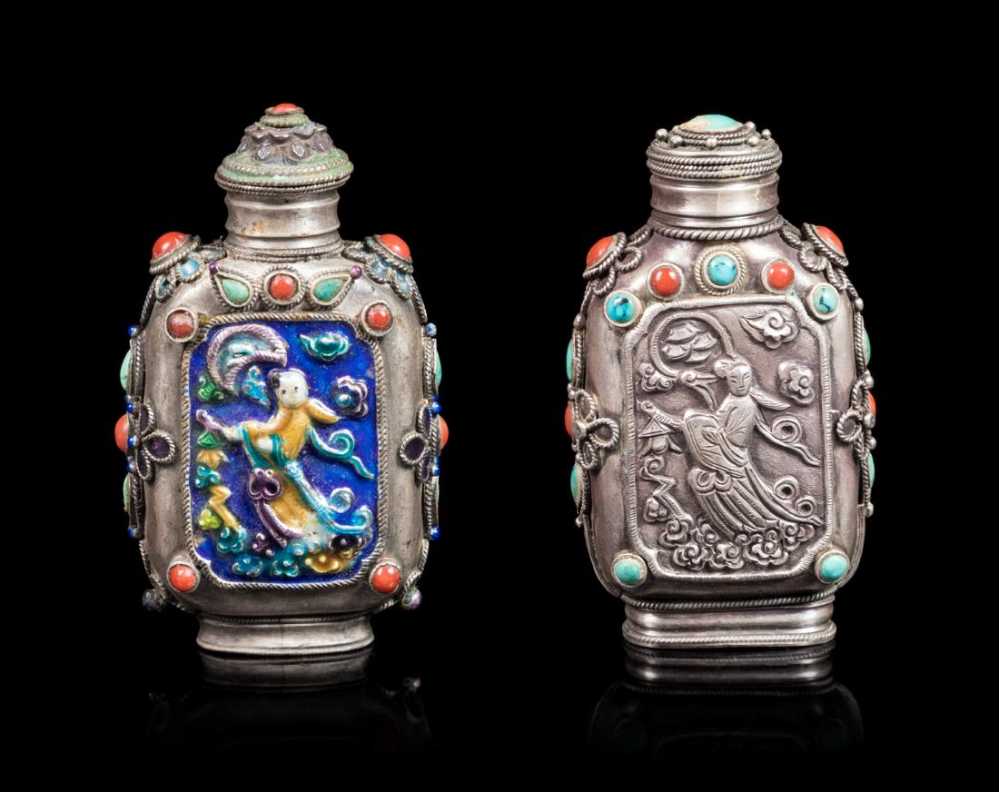 Two Tibetan Hardstone Silver Snuff Bottles Height of (1 of 1)