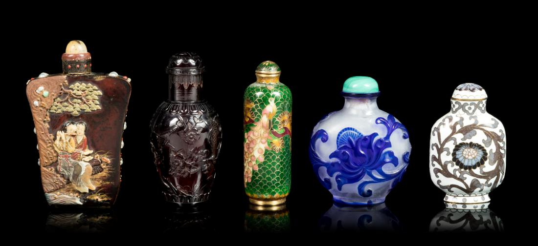 Five Chinese Snuff Bottles Height of tallest 3 3/4 (1 of 2)