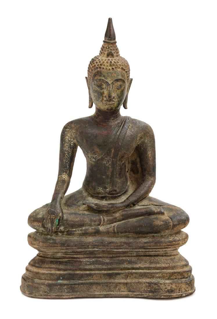 A Thai Bronze Figure of Buddha Height 9 1/2 inches.: A Thai Bronze Figure of Buddha 19th century the figure depicted seated on a stepped throne. Height 9 1/2 inches. Estimate $100-200
