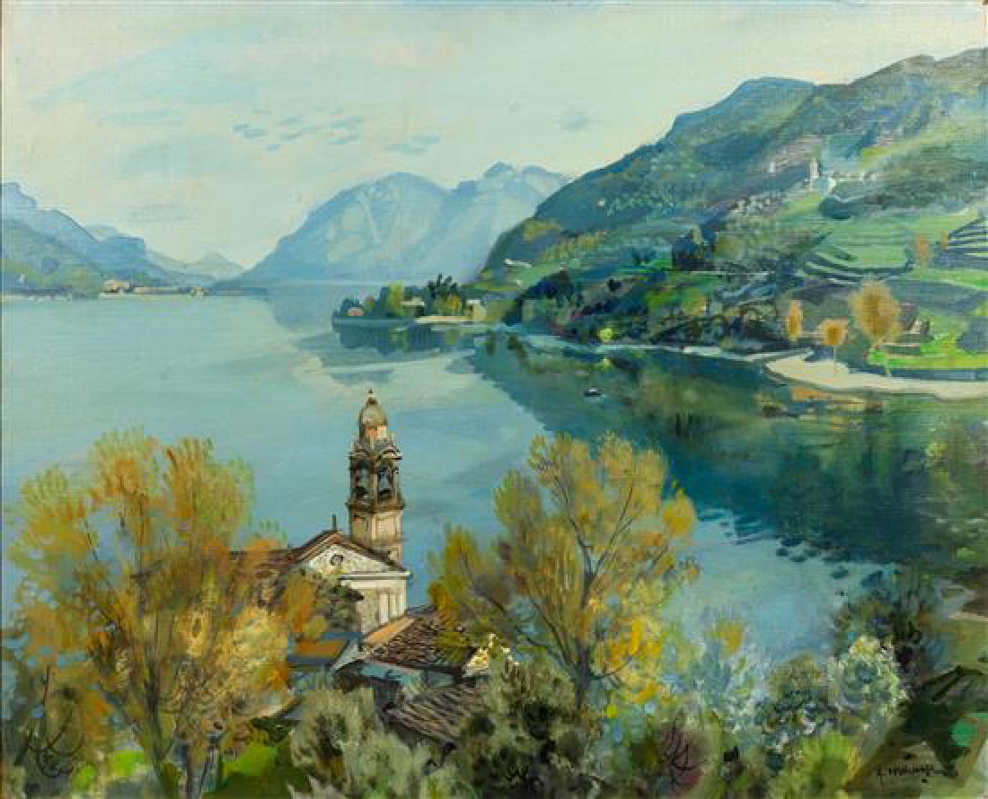 Gabriel Deschamps, (French, b. 1919), Les Lacs d'Italie: Gabriel Deschamps (French, b. 1919) Les Lacs d'Italie oil on canvas signed G. Deschamps (lower right) 23 3/4 x 28 3/4 inches. Estimate $800-1,200 Provenance: Wally Findlay Galleries, Chicago