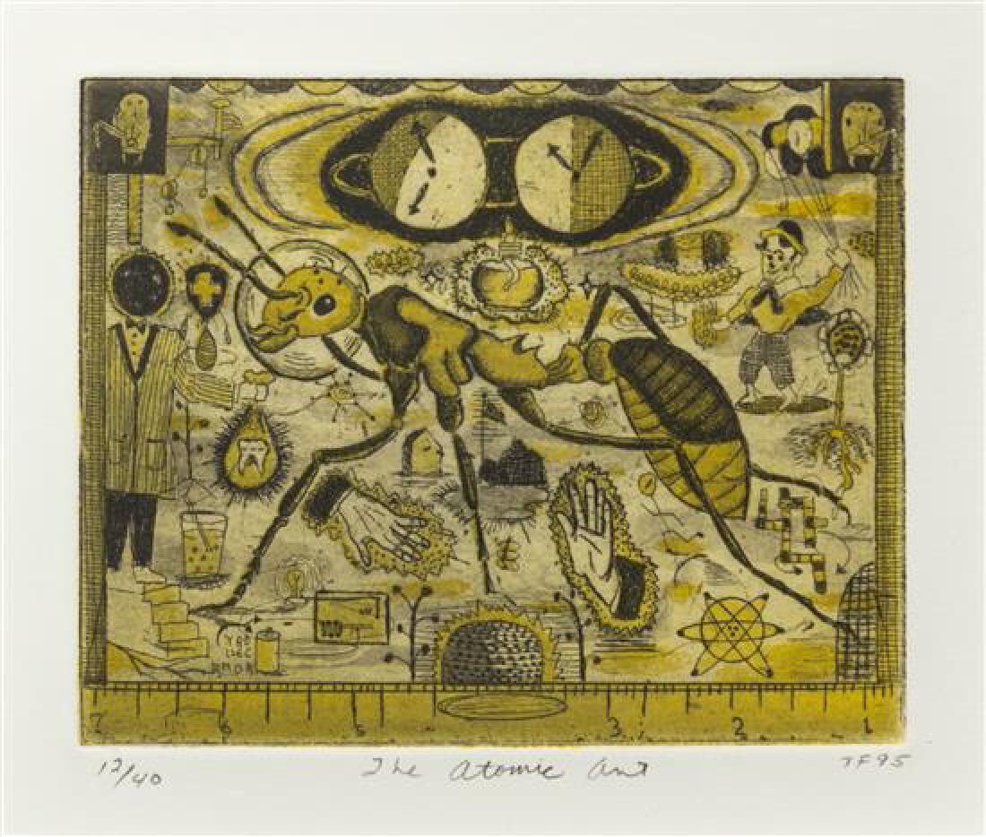 Tony Fitzpatrick, (American, b. 1958), The Atomic Ant,: Tony Fitzpatrick (American, b. 1958) The Atomic Ant, 1995 etching initialed, numbered 12/40, titled and dated in pencil 3 3/4 x 5 inches. Estimate $200-400