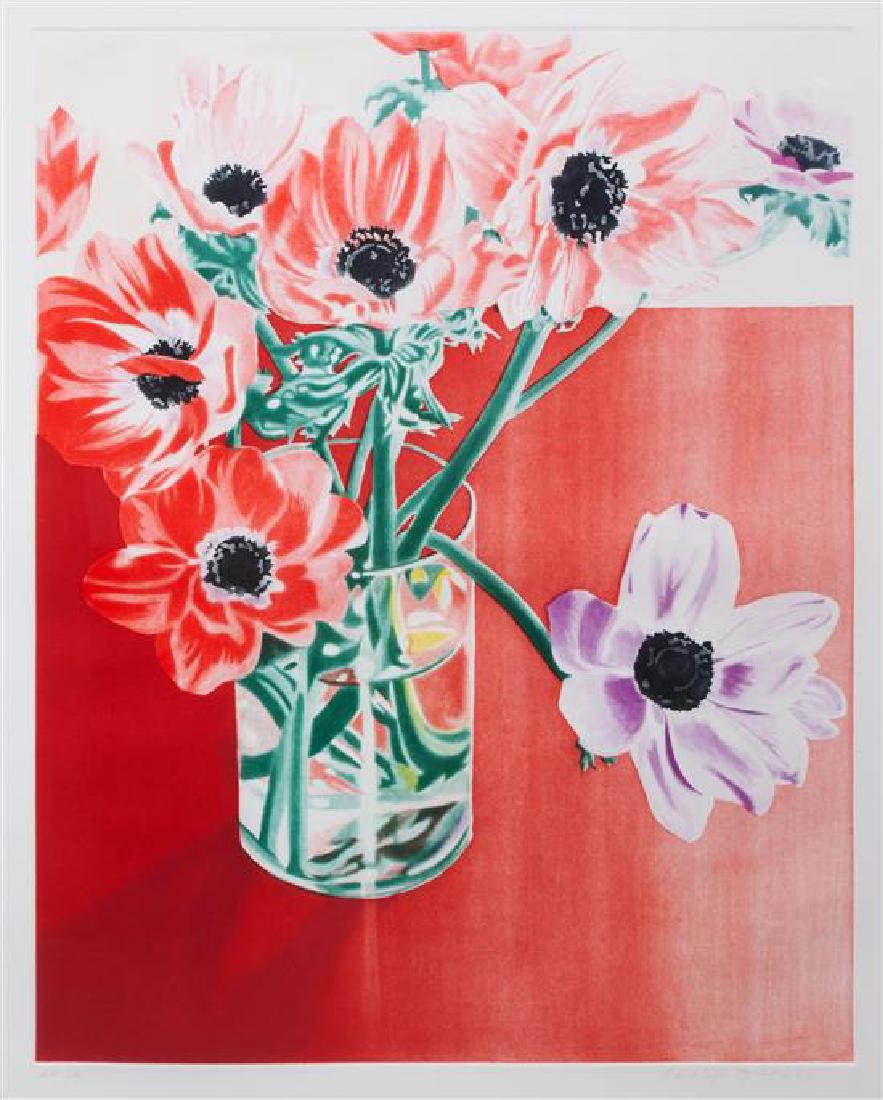 * Carolyn Brady, (American, 1937-2005), Anemonies on: * Carolyn Brady (American, 1937-2005) Anemonies on Red Tables, 1981 color aquatint edition AP 2/4, signed in pencil Sheet: 35 x 29 1/2 inches. Estimate $300-500 Property from the Estate of Ann and Pau