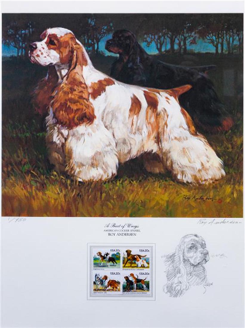 * An American Water Spaniel Photomechanical: * An American Water Spaniel Photomechanical Reproduction Roy Andersen, A Beat of Wings, 1984, edition 1/950 with stamps and graphite drawing. 18 x 13 3/4 inches. Estimate $30-50 Property from the Amer
