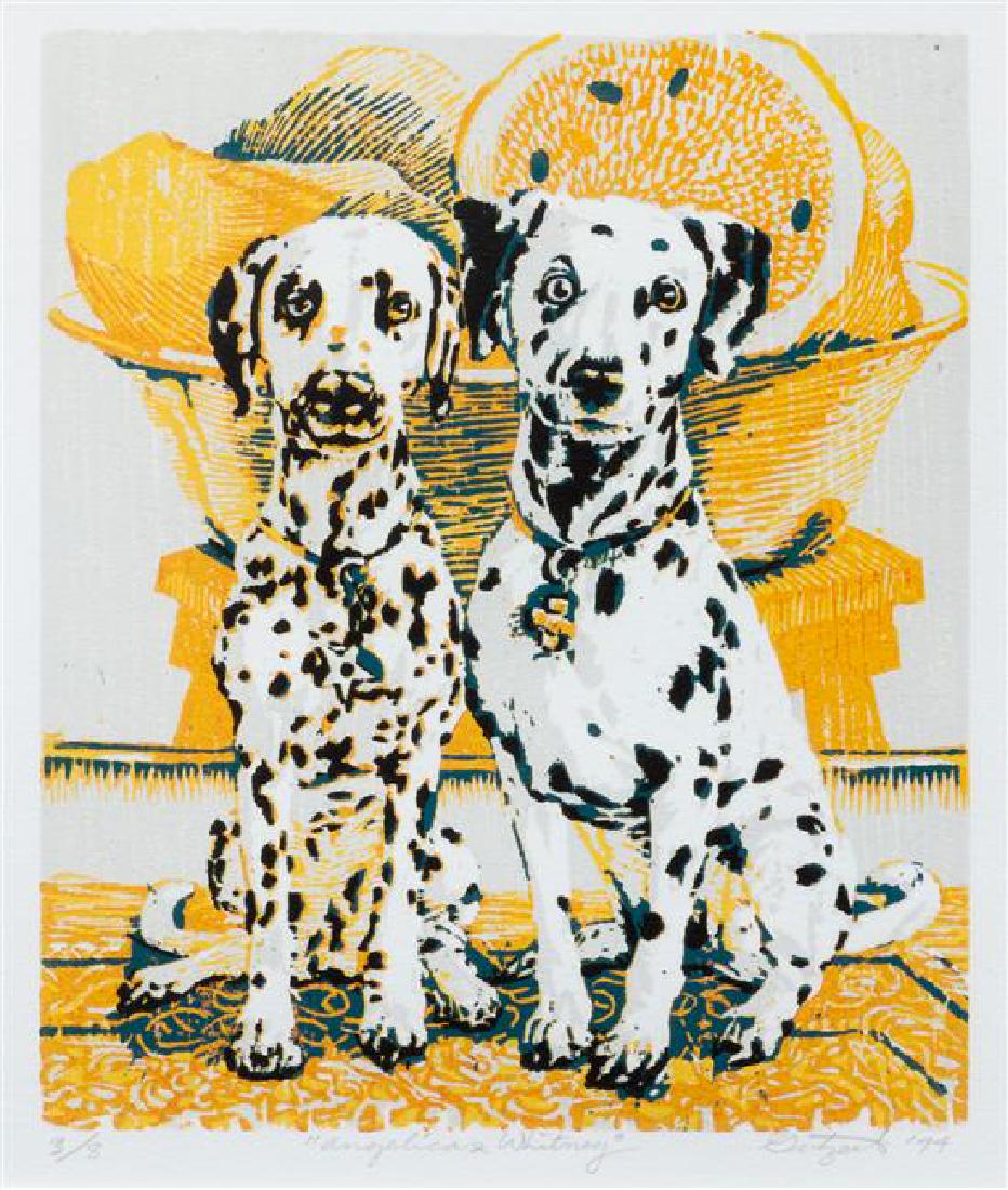 * Two Works of Art depicting Dalmatians Larger: 9 x 7: * Two Works of Art depicting Dalmatians comprising Fred Gutzeit Angelica and Whitney, 1994 woodcut, edition 3/8 and a cross-stitch. Larger: 9 x 7 3/4 inches. Estimate $70-90 Property from the American