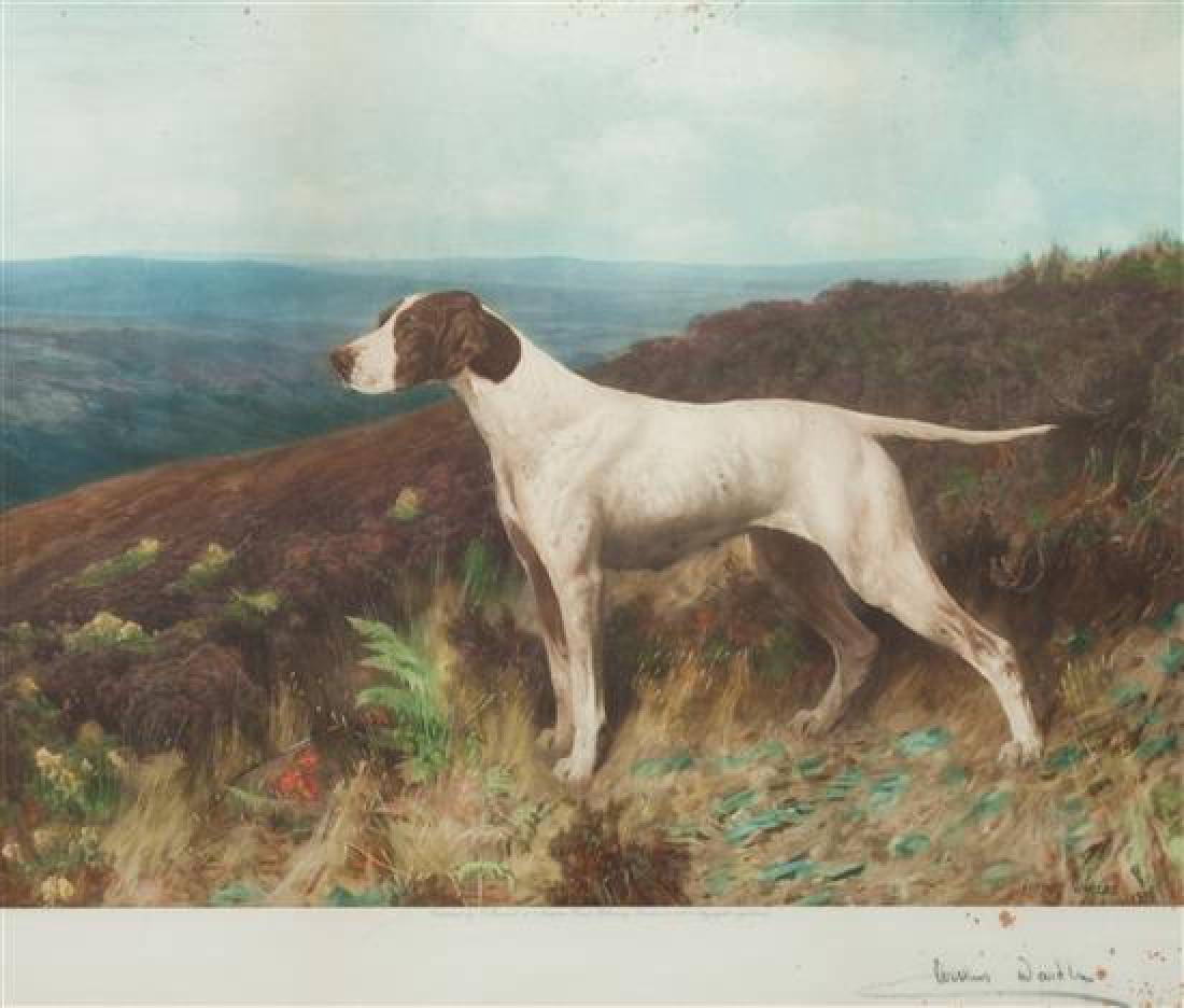 * Three Works of Art depicting Pointers Largest: 19 1/4: * Three Works of Art depicting Pointers comprising Allye Hulter Overholt oil on masonite; Arthur Wardle Pointer on the Mountain lithograph; and a photomechanical reproduction. Largest: 19 1/4 x 22 1/2