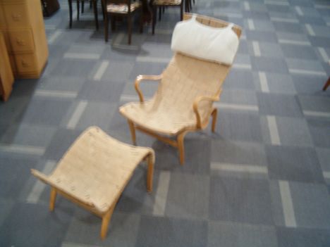 BRUNO MATHSSON LOUNGE & OTTOMAN Made by Karl Math: BRUNO MATHSSON LOUNGE & OTTOMAN Made by Karl Mathsson Laminated wood, cotton; branded marks and dated 1967 to each. Chair H: 36, W: 25 1/2, D: 39 in.; ottoman H: 16, L: 26, W: 20 in.