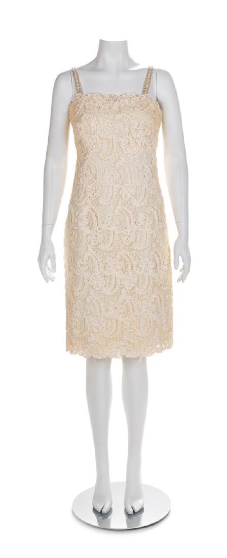 Ceil Chapman Lace Dress with Matching Jacket, 1960s: Ceil Chapman Dress and Ivory Lace Dress with Matching Jacket, 1960s Estimate $60-80 The Ceil Chapman dress is in good condition with hand-stitching to secure the grey crepe drape across the front and