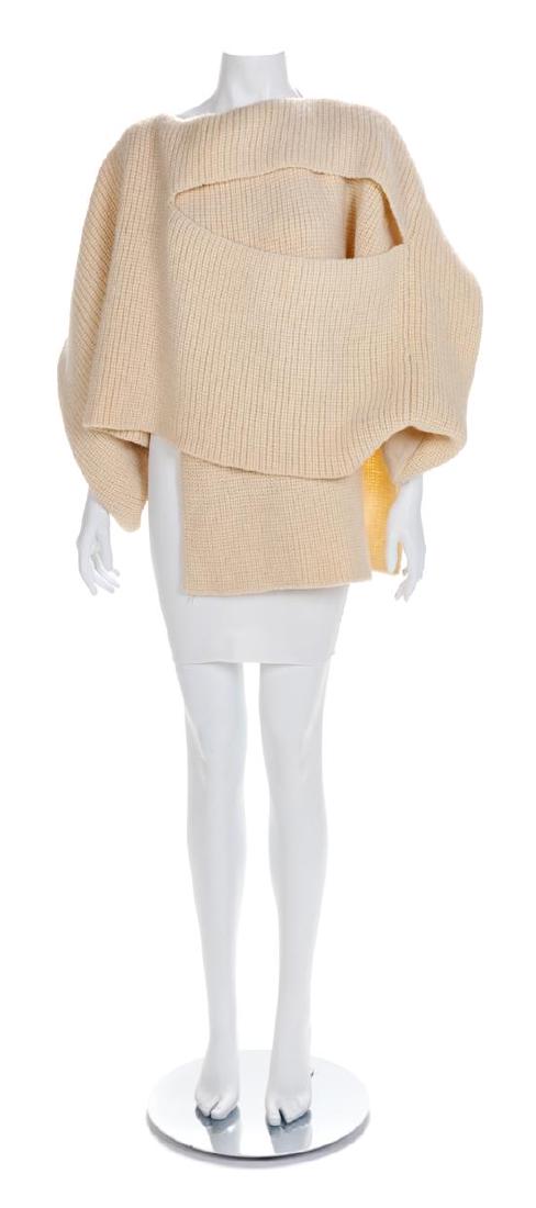 Rare Early Comme des Garçons Knit Sweater, 1983-84: Rare Early Comme des Garçons Knit Sweater, 1983-84 Cream wool knit pull-over sweater in a rectangular panel with the front panel of a heavyweight cream wool knit and the back in a matching woven wool